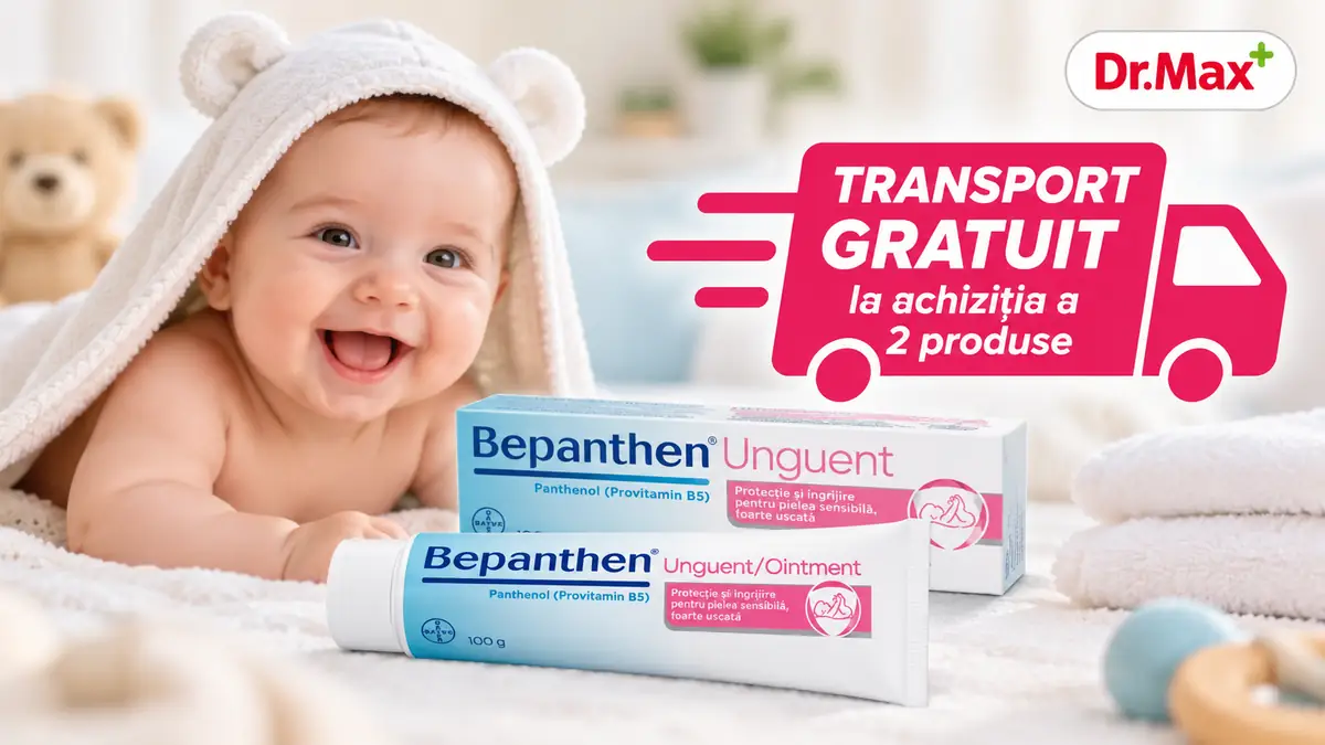 Bebeluș zâmbitor lângă Bepanthen Unguent 100 g, cu transport gratuit la achiziția a 2 produse Dr. Max.