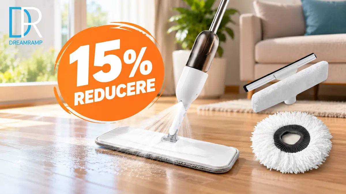 Mop Dreamramp cu pulverizator, accesorii pentru geamuri și cap rotund, alături de mesajul 15% reducere.