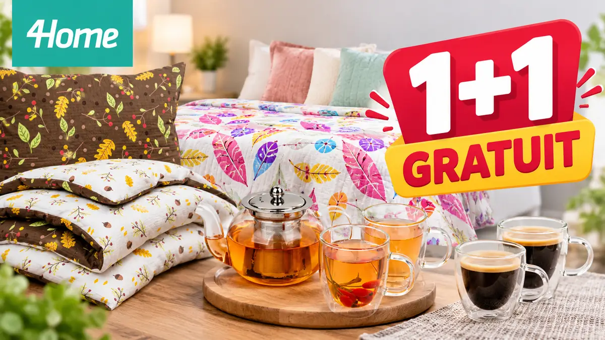 Logo 4Home, lenjerii de pat, ceainic și cești pe masă, cu mesaj mare 1+1 GRATUIT.