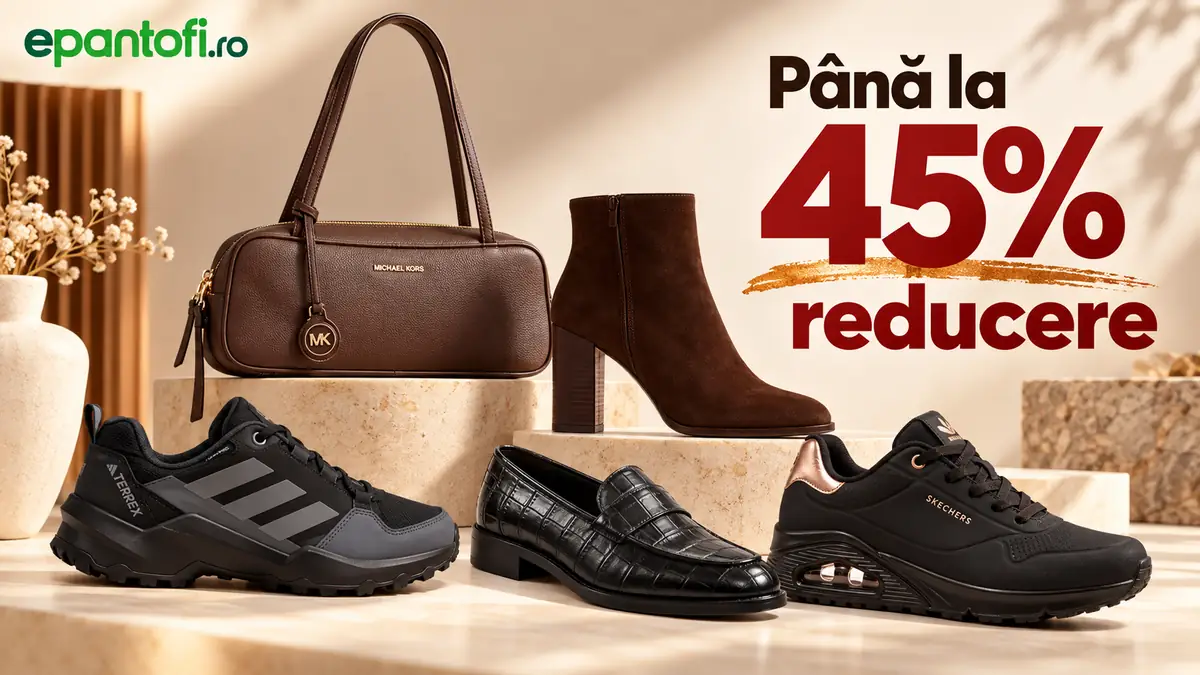 Reducere de până la 45% la ePantofi, cu geantă maro și selecție de ghete, mocasini și pantofi sport.
