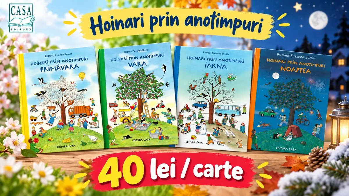 Patru cărți Hoinari prin anotimpuri expuse pe fundal sezonier, cu mesajul 40 lei/carte și logo Editura Casa.