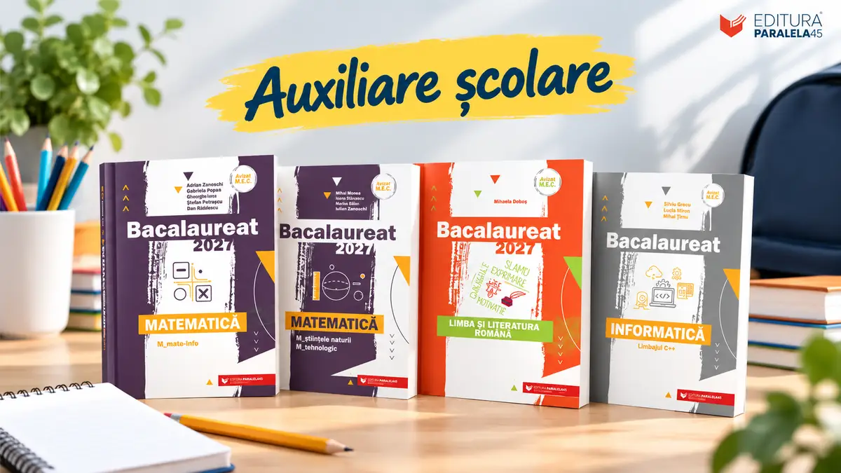 Patru auxiliare Bacalaureat 2027 pentru matematică, română și informatică, pe birou, cu rechizite.