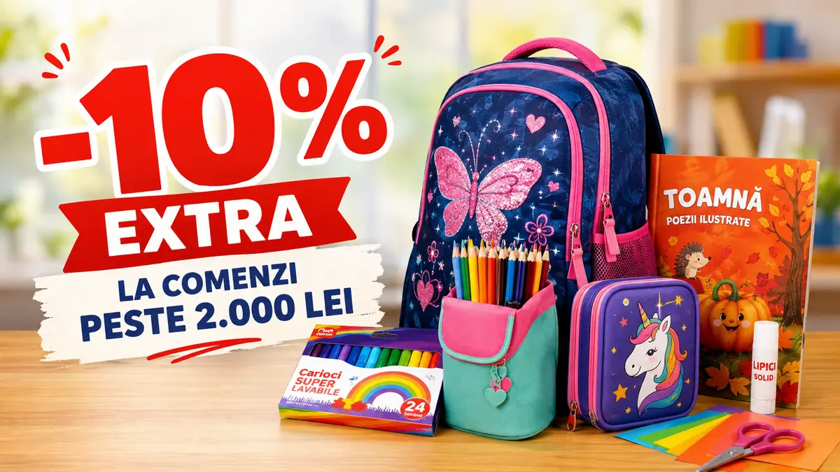 Rechizite școlare și ghiozdan colorat, promovând 10% reducere extra la comenzi peste 2.000 lei.