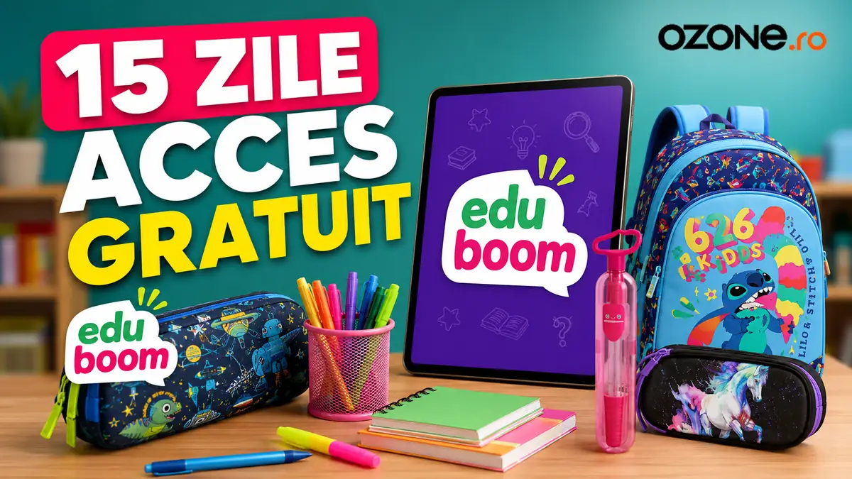Rechizite școlare colorate și tabletă Edu Boom, promovând 15 zile de acces gratuit prin Ozone.