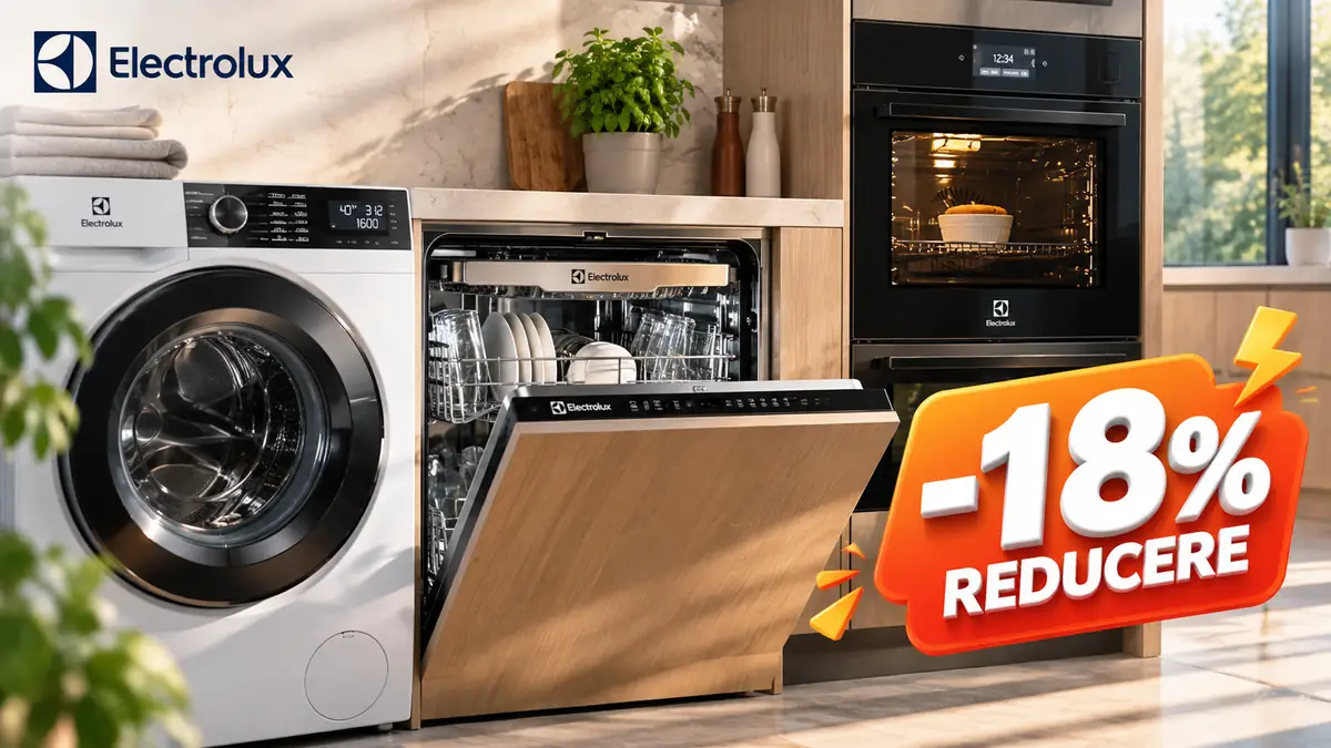 Mașină de spălat, mașină de vase și cuptor Electrolux într-o bucătărie, cu etichetă -18% reducere.