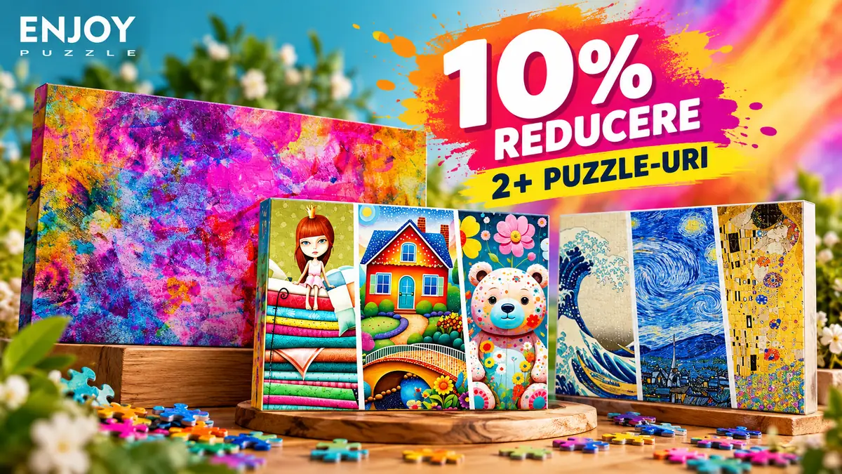 Puzzle-uri Enjoy Puzzle cu ilustrații colorate, piese împrăștiate și mesajul 10% reducere la minimum 2 puzzle-uri.
