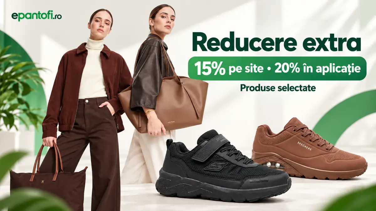 Două femei cu genți maro și doi pantofi sport, alături de oferta ePantofi: 15% pe site și 20% în aplicație.