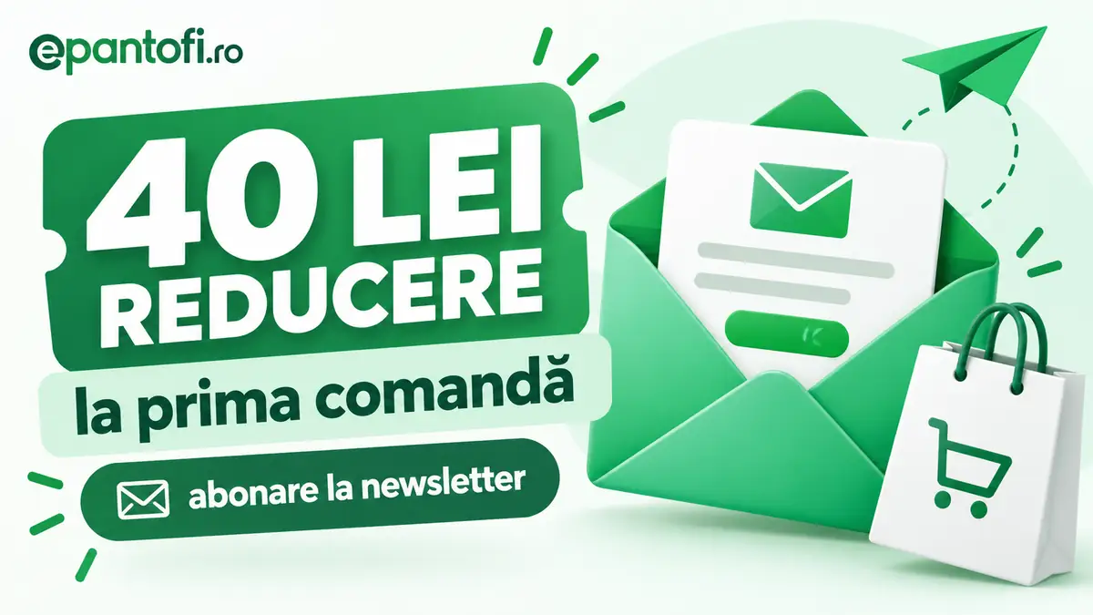 Banner ePantofi cu 40 lei reducere la prima comandă, abonare la newsletter, plic verde și sacoșă de cumpărături.