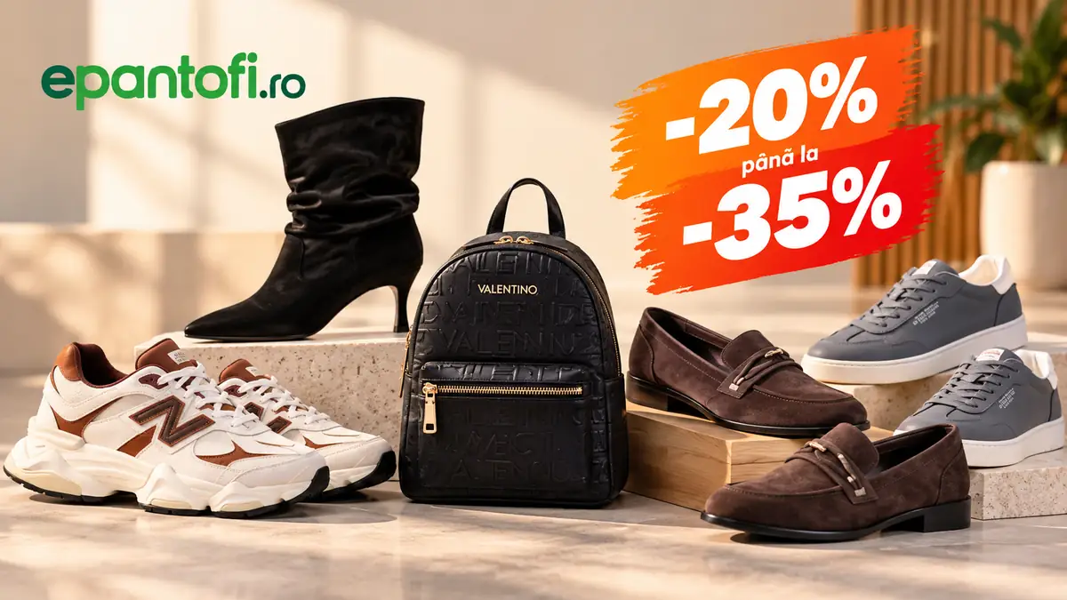 Pantofi, botine și rucsac ePantofi expuse pe fundal bej, cu reducere de la 20% până la 35%.