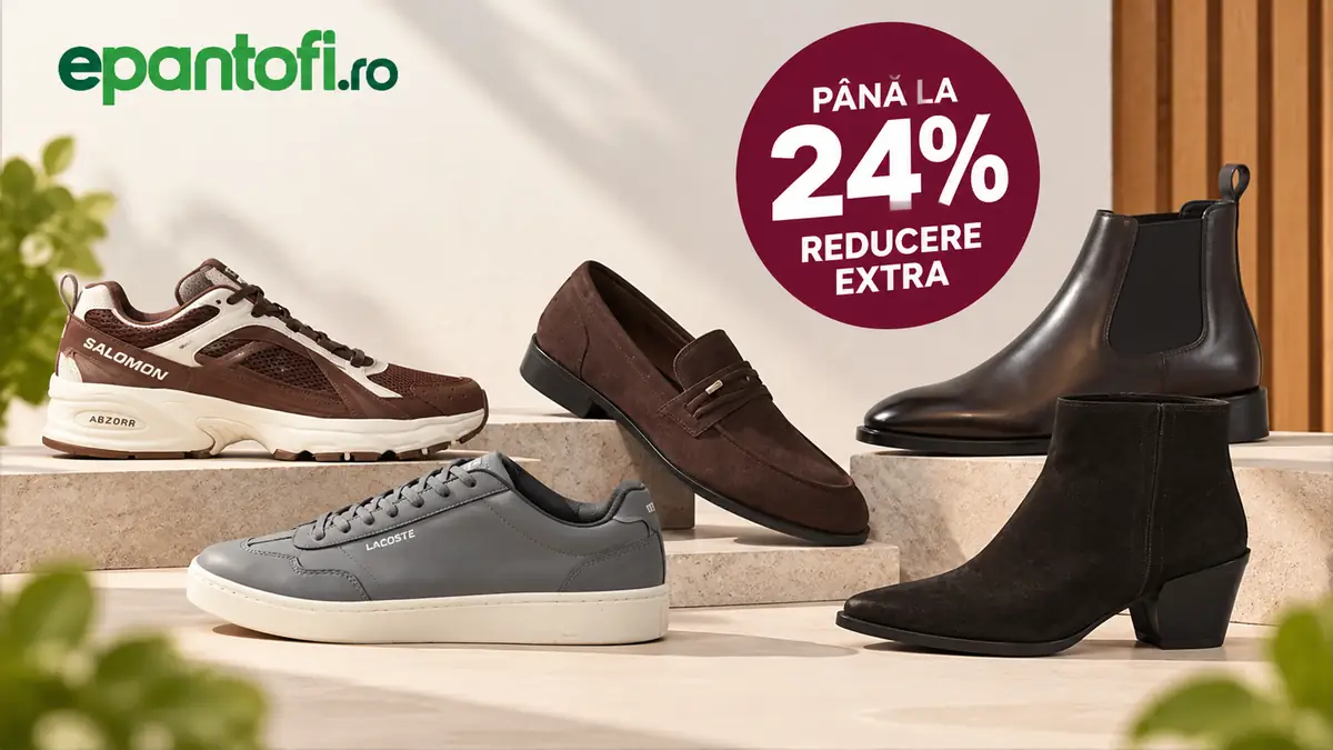 Pantofi sport, mocasini și ghete expuse, cu logo ePantofi și mesajul „Până la 24% reducere extra”.
