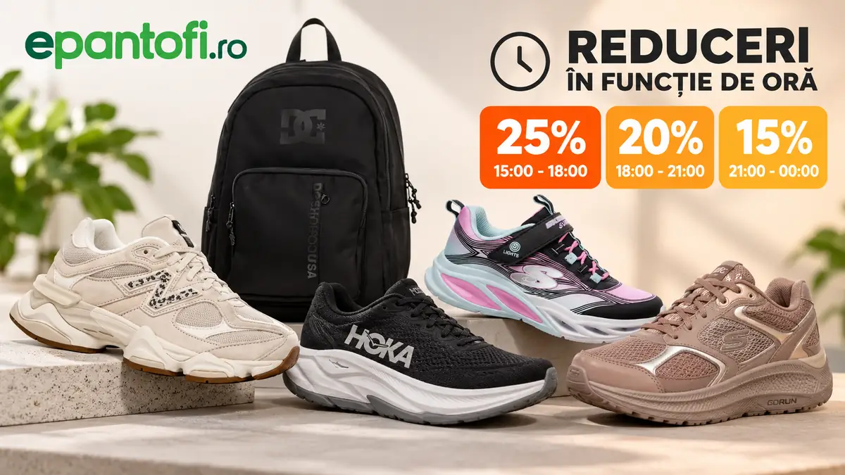 Patru perechi de pantofi sport și un rucsac ePantofi, cu reduceri de 25%, 20% și 15% în funcție de oră.