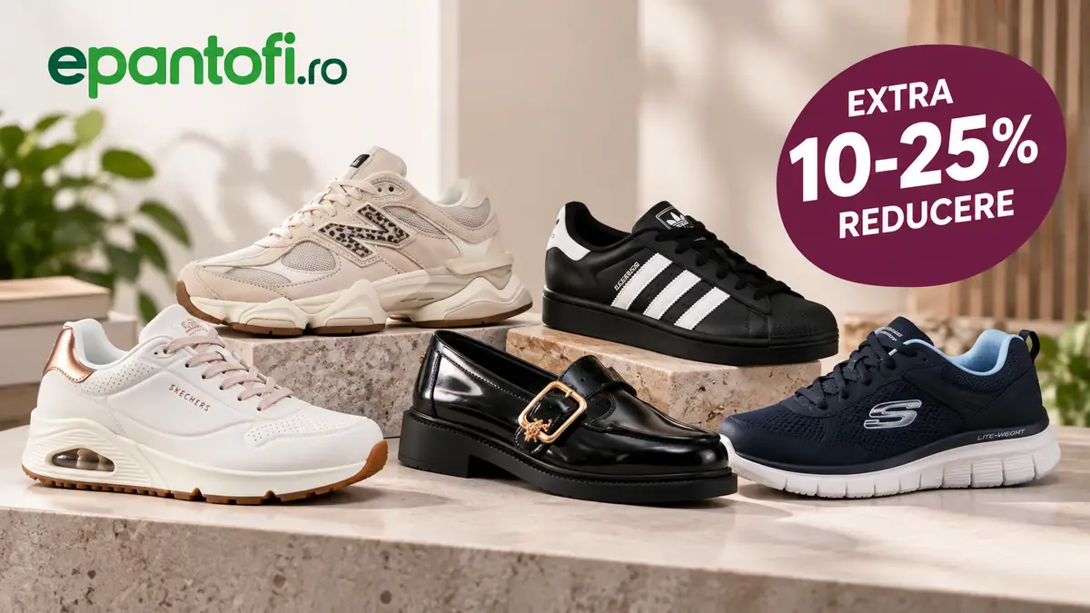 Banner ePantofi cu cinci perechi de încălțăminte premium și mesaj mare Extra 10-25% reducere.