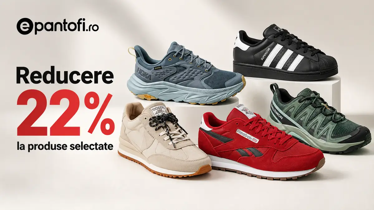 Promoție ePantofi cu 22% reducere la pantofi sport selectați, inclusiv modele Adidas, Hoka, Reebok și Salomon.