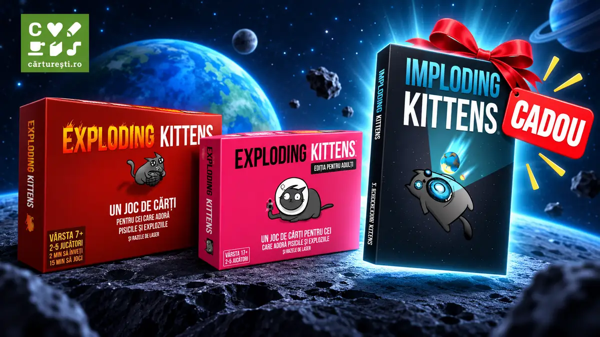 Cutii Exploding Kittens și extensia cadou, pe fundal cosmic, cu logo Cărturești în colț.