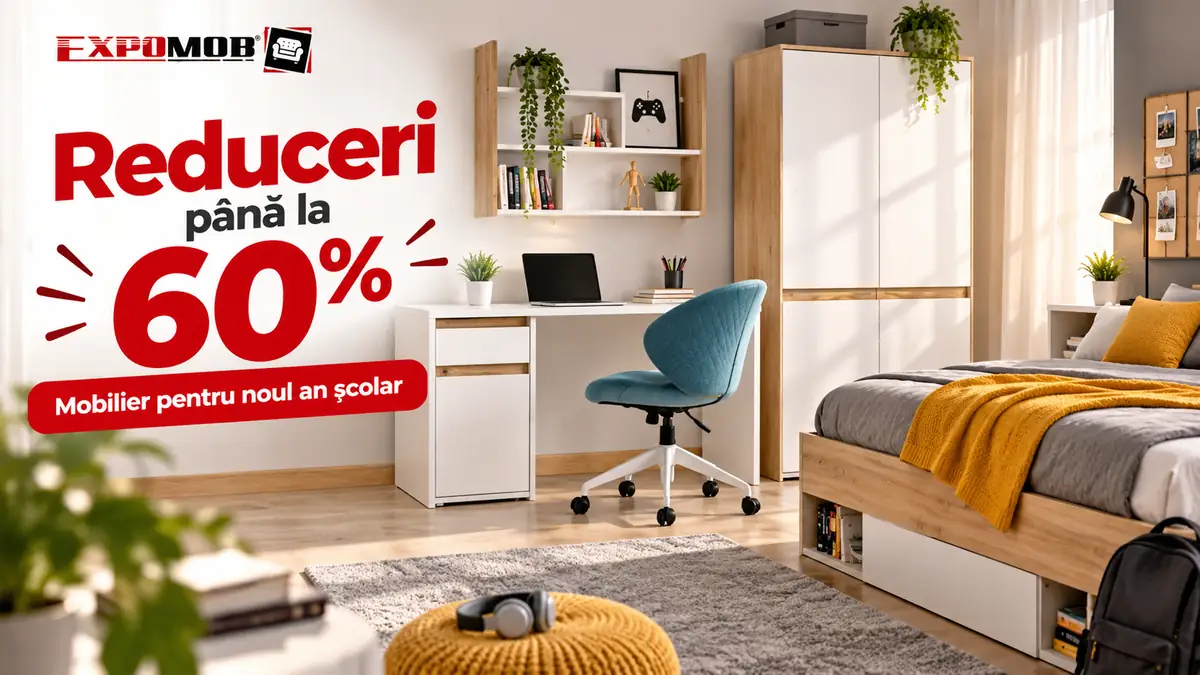 Cameră de tineret Expomob cu birou, scaun, dulap și pat, alături de mesajul Reduceri până la 60%.