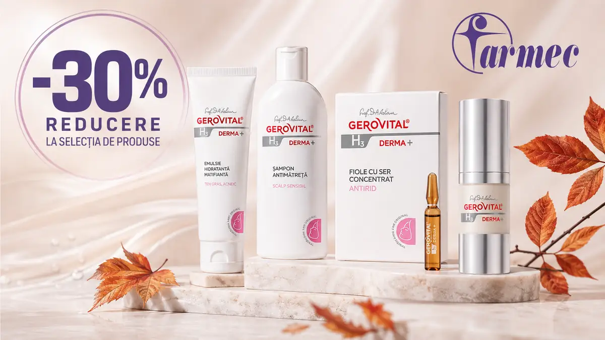 Produse Gerovital H3 Derma+ expuse elegant, alături de logo Farmec și mesajul „-30% reducere”.