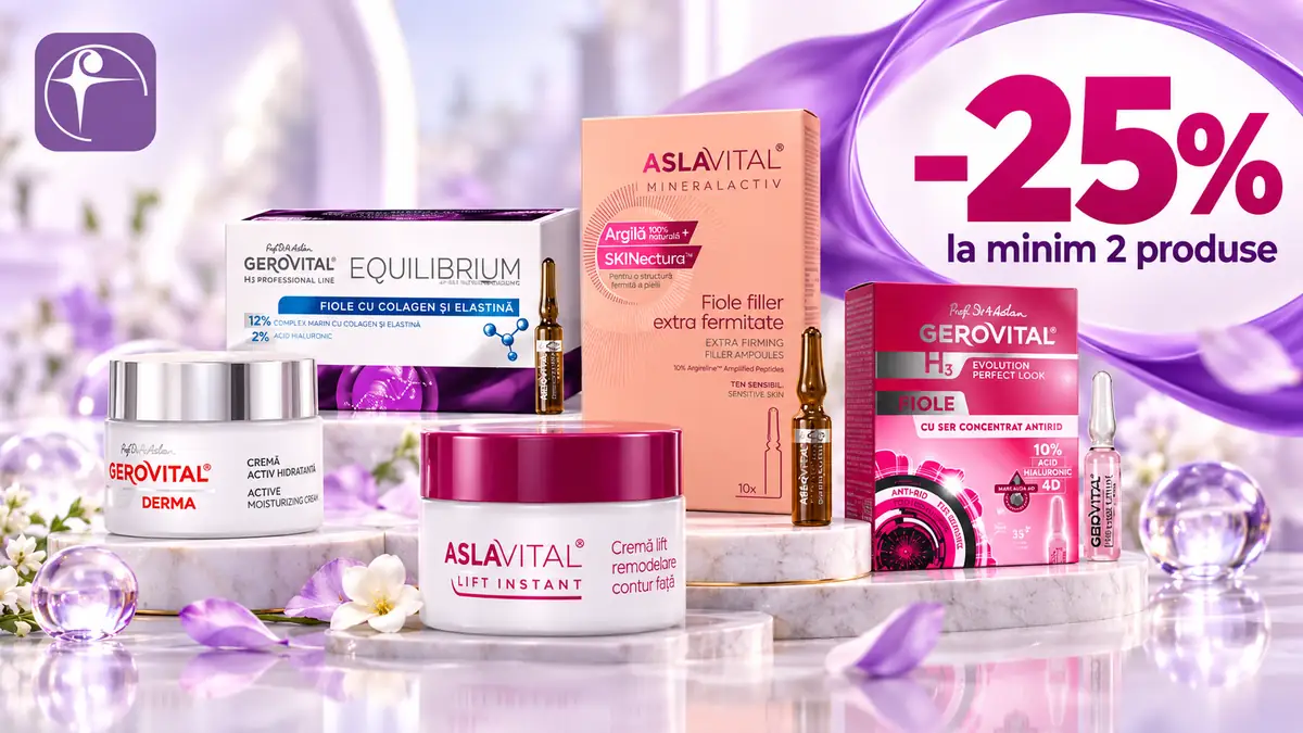 Produse cosmetice Gerovital și Aslavital, pe fundal mov, cu logo Farmec și reducere de 25% la minimum 2 produse.