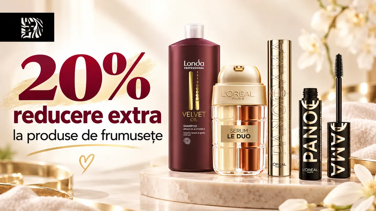 Produse de beauty Londa și L’Oréal lângă mesajul 20% reducere extra la produse de frumusețe.