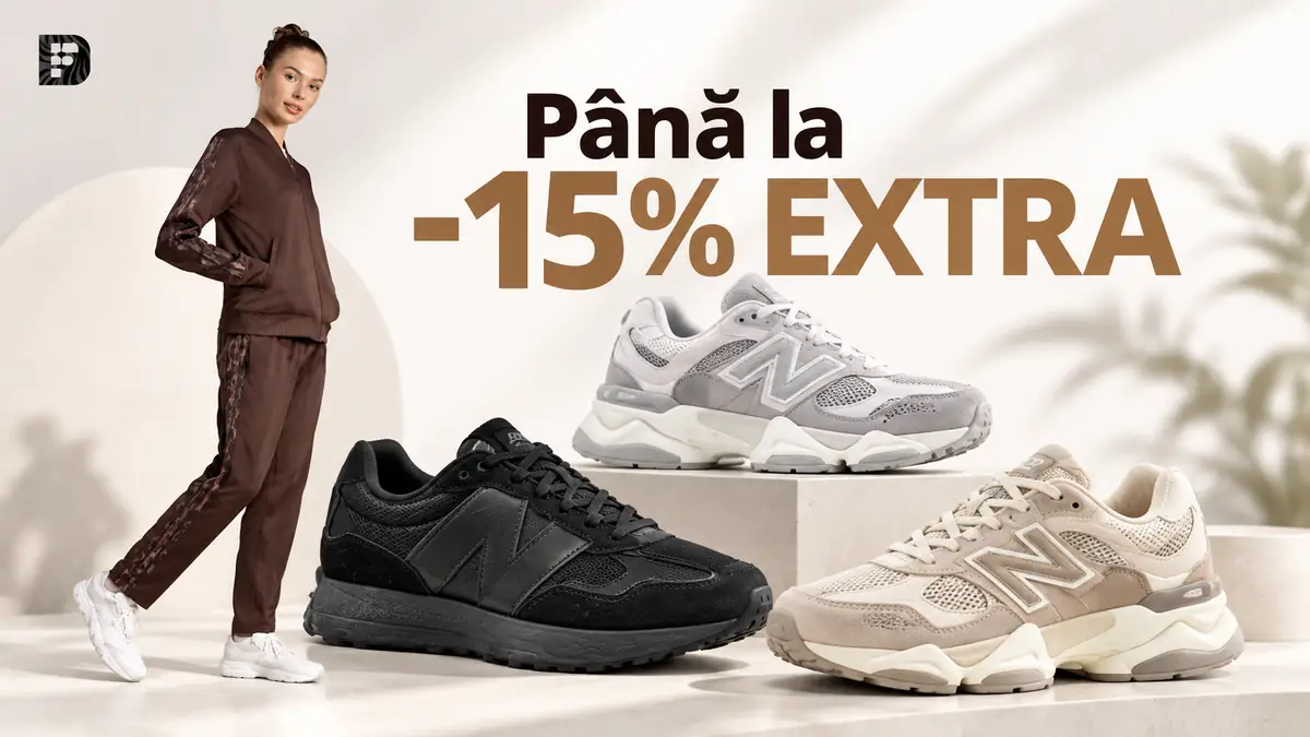 Model în trening maro și trei pantofi sport, cu mesajul „Până la -15% EXTRA”.