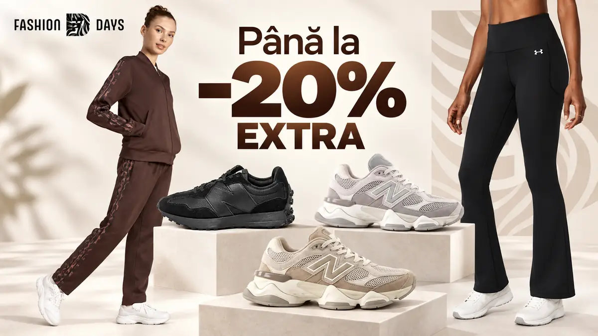 Fashion Days, două ținute sport și trei perechi de sneakers, cu mesajul „Până la -20% EXTRA”.