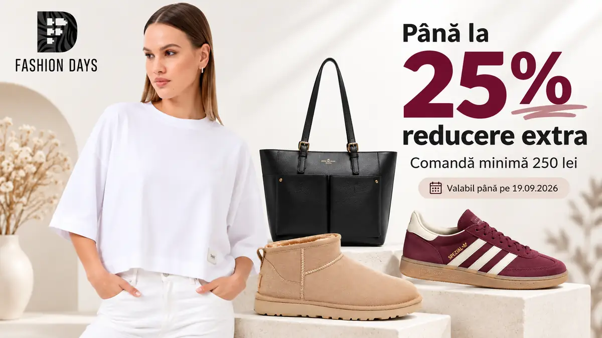 Model în alb, geantă neagră, ghete bej și sneaker bordo, cu mesajul „Până la 25% reducere extra”.