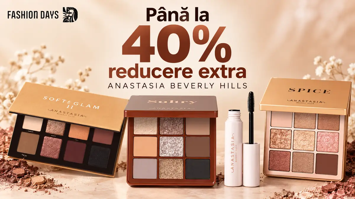 Palete de farduri și rimel Anastasia Beverly Hills, cu mesajul „Până la 40% reducere extra”.