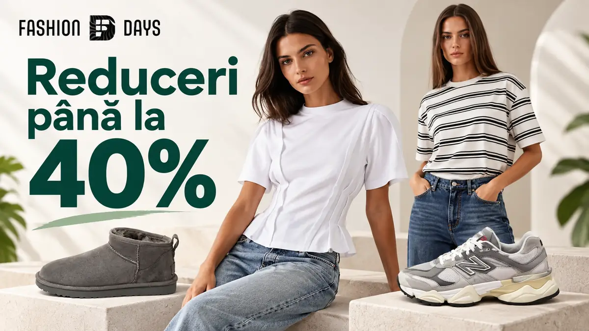Reduceri Fashion Days până la 40%, cu două modele, un pantof sport gri și o gheată gri.