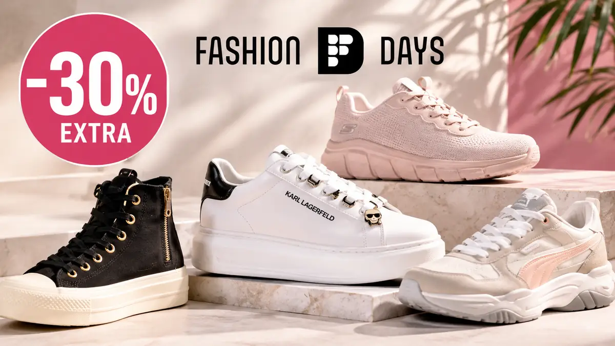 Pantofi sport Fashion Days expuși pe fundal elegant, cu promoție extra de 30% la încălțăminte.