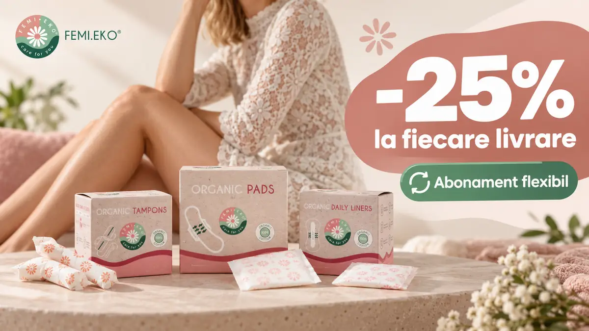 Produse Femieko pentru igienă intimă, cu absorbante, tampoane și mesajul „-25% la fiecare livrare”.