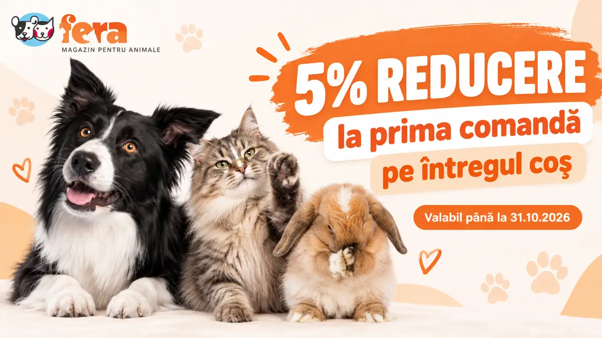 Câine, pisică și iepure lângă logo Fera și mesajul 5% reducere la prima comandă, pe întregul coș.