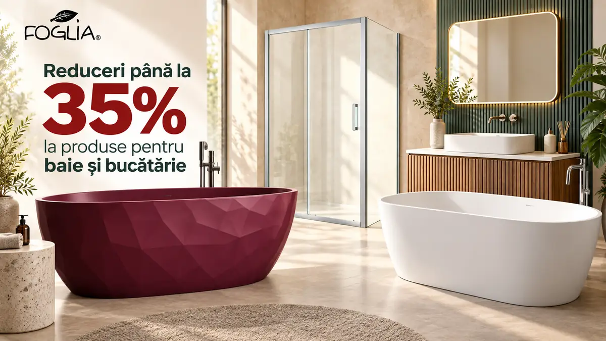 Baie modernă cu două căzi, cabină de duș și mobilier, alături de mesajul reduceri până la 35%.