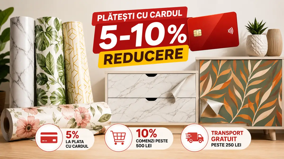 Folii autocolante decorative pentru mobilă, cu modele marmură, floral și frunze, promovând reduceri de 5–10%.
