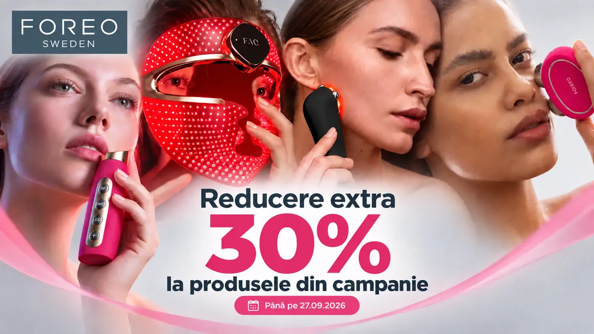 Produse FOREO și femei folosind dispozitive faciale, cu mască LED roșie și mesajul Reducere extra 30%.