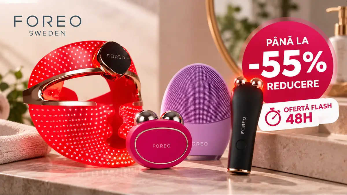 Patru dispozitive Foreo de îngrijire a tenului și logo-ul brandului, cu mesajele Până la -55% reducere și Ofertă flash 48h