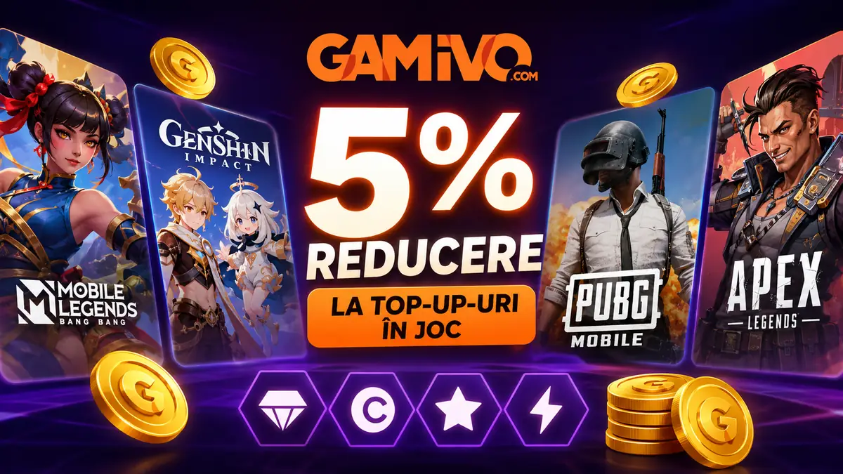 Banner GAMIVO cu 5% reducere la top-up-uri în joc, ilustrat cu personaje din jocuri populare.