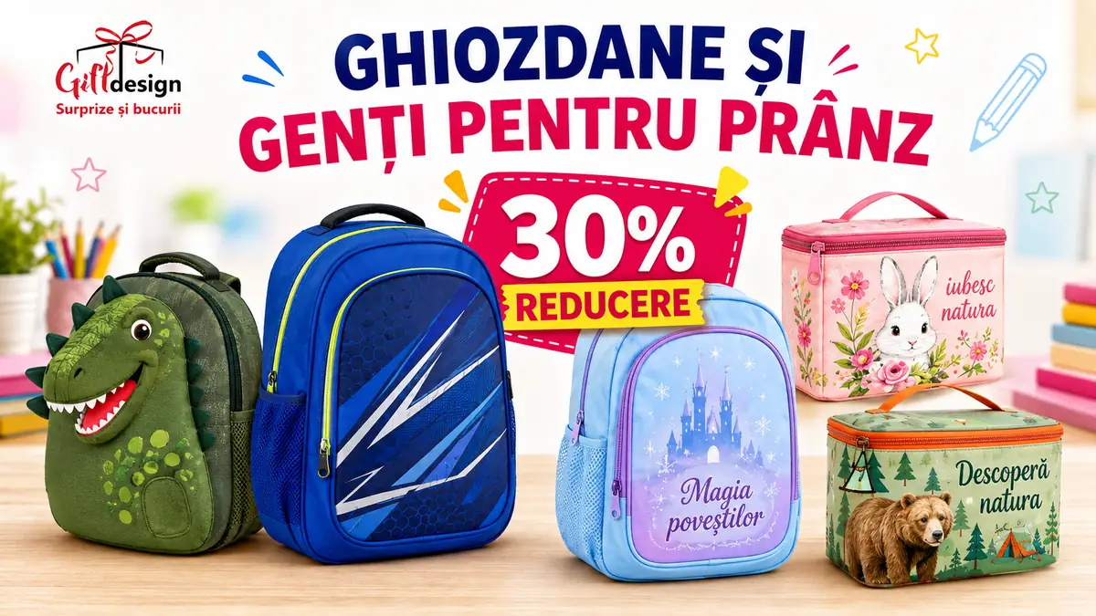 Ghiozdane și genți pentru prânz colorate, promovate cu 30% reducere la Giftdesign.