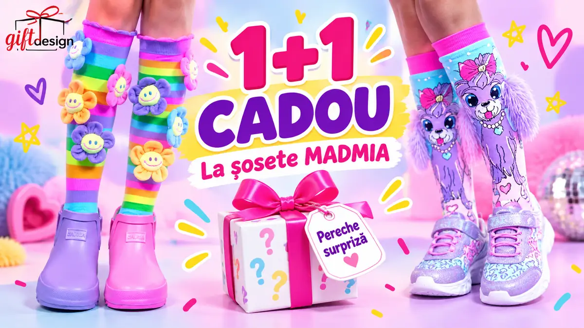 Șosete MADMIA colorate, cutie cadou surpriză și mesaj promoțional 1+1 cadou de la Giftdesign.