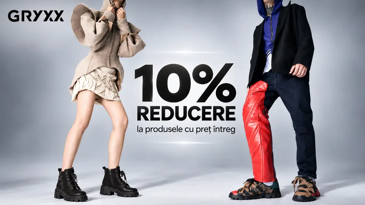 Modele Gryxx în ținute moderne pentru femei și bărbați, alături de textul „10% reducere la produsele cu preț întreg”.