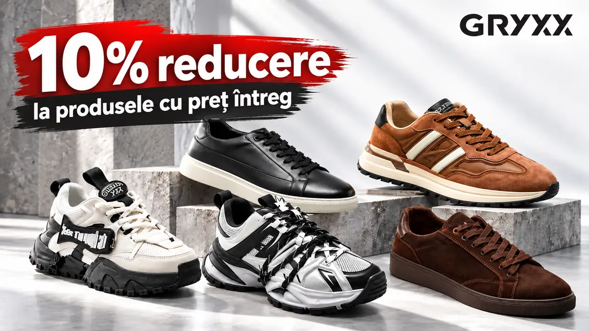 Cinci pantofi sport Gryxx pe suporturi din beton, cu mesajul „10% reducere la produsele cu preț întreg”.