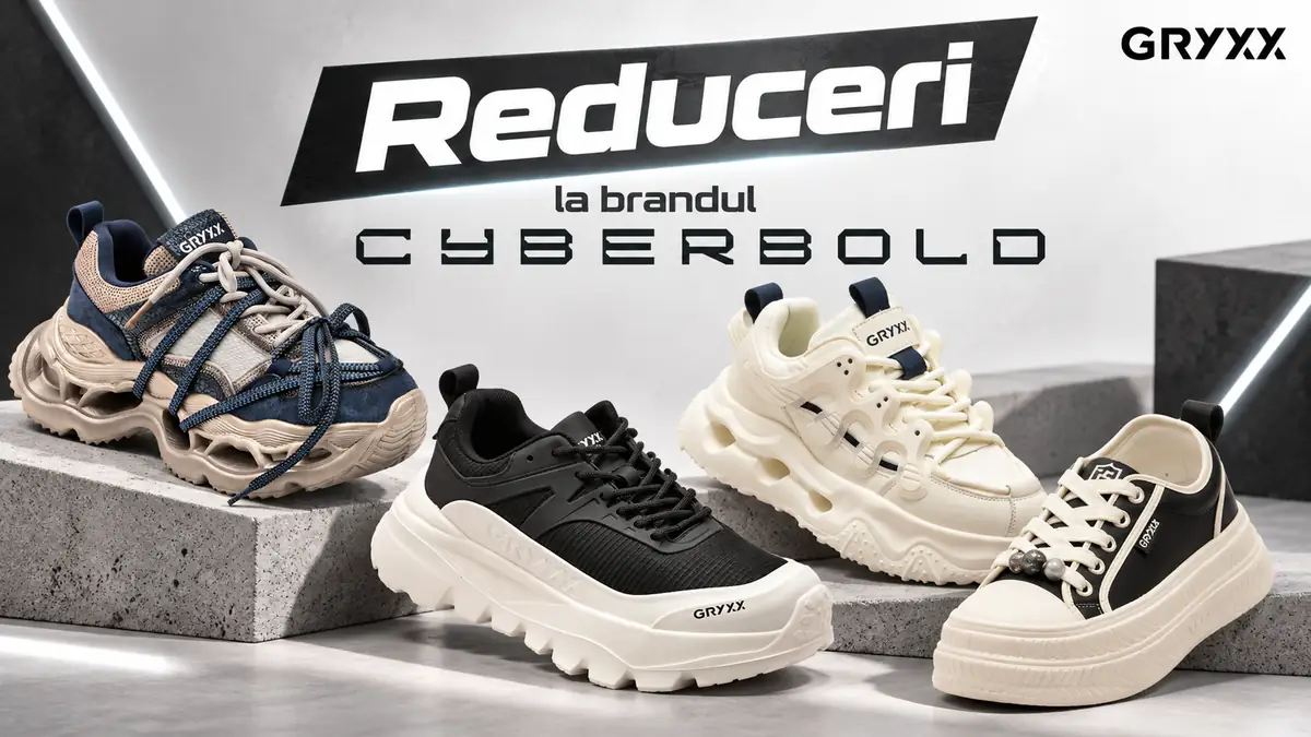 Patru modele de pantofi sport GRYXX, expuse pe fundal gri, cu mesajul „Reduceri la brandul CYBERBOLD”.