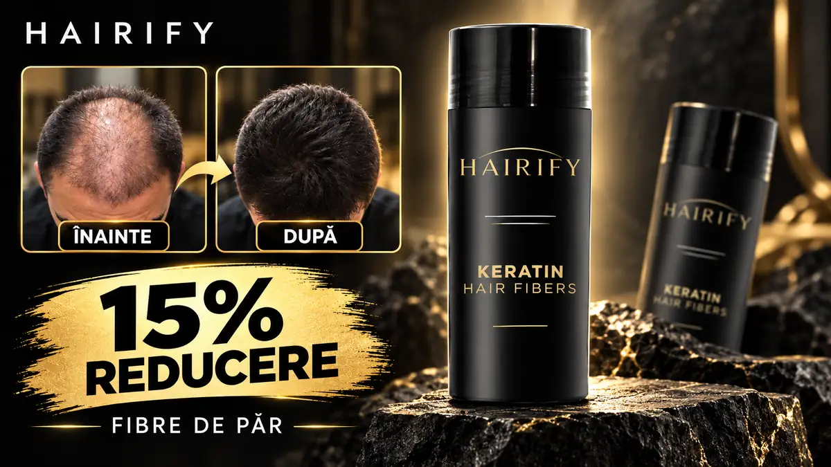 Hairify: înainte și după pentru păr rar, flacon de fibre de păr, bărbat și mesajul 15% reducere.