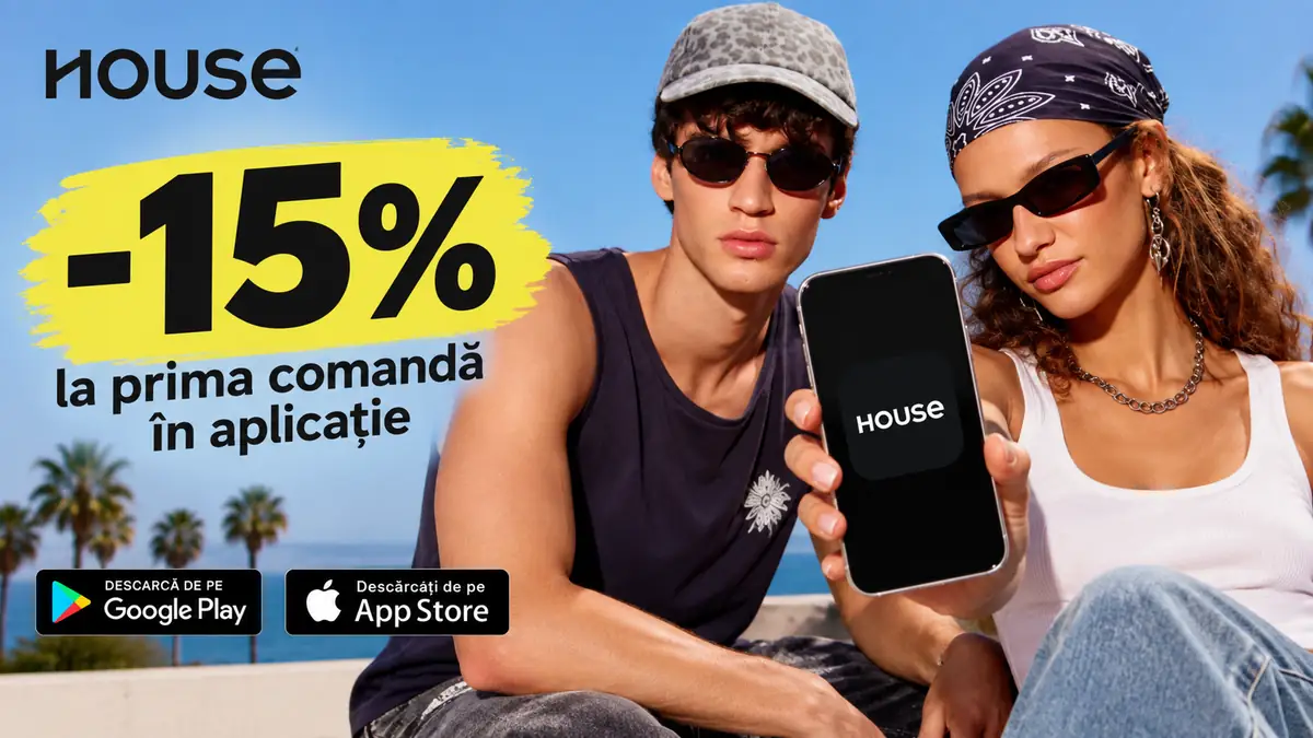 Doi tineri cu ochelari de soare, telefon House și mesaj „-15% la prima comandă în aplicație”.