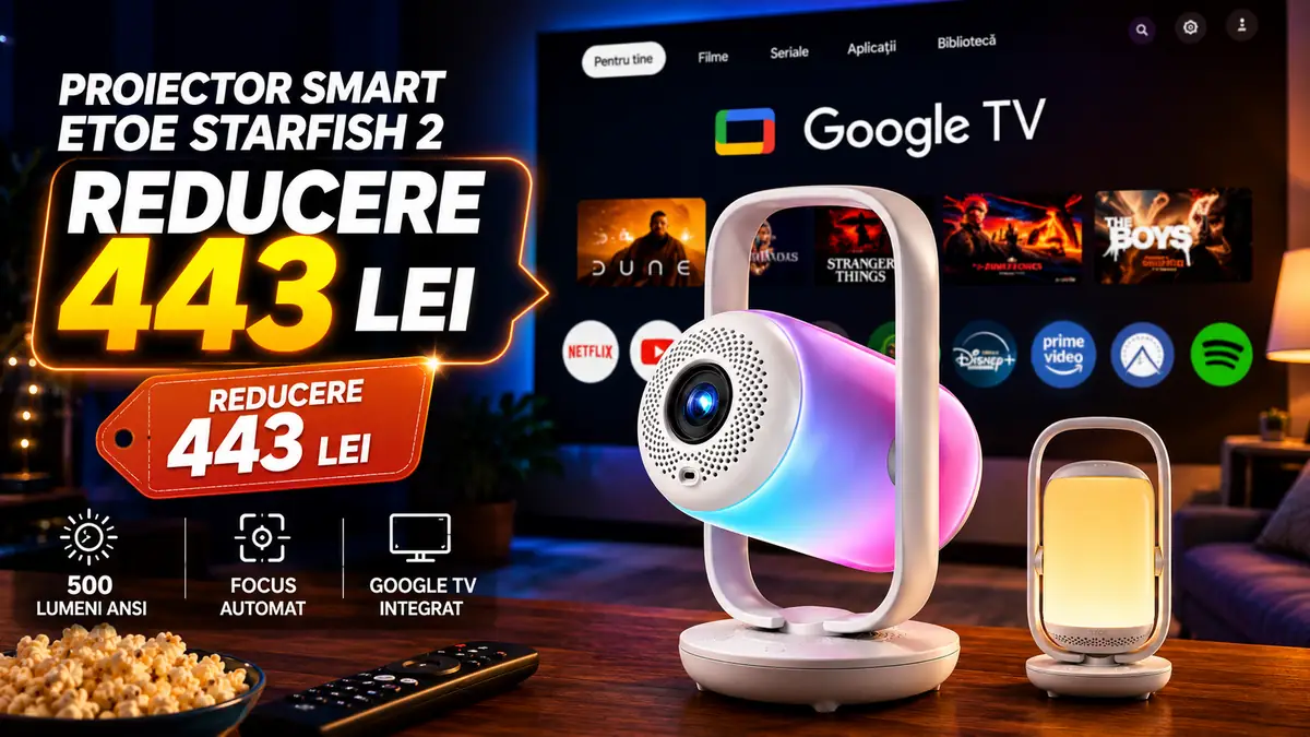 Proiector smart ETOE Starfish 2 cu Google TV, iluminare colorată și mesaj de reducere 443 lei.