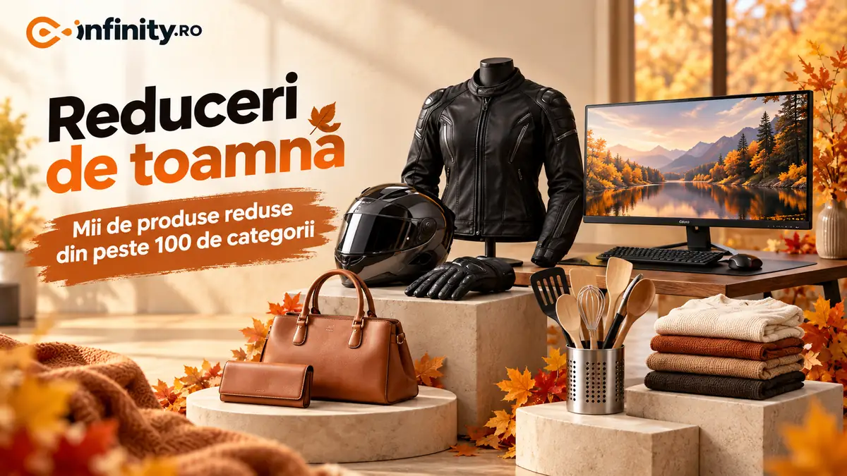 Reduceri de toamnă Infinity cu geantă, echipament moto, monitor, ustensile și textile pentru casă.