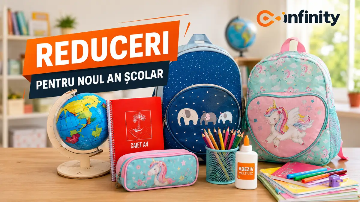 Rechizite școlare Infinity cu ghiozdane, caiet, glob, creioane și penar, promovând reducerile Back to School.