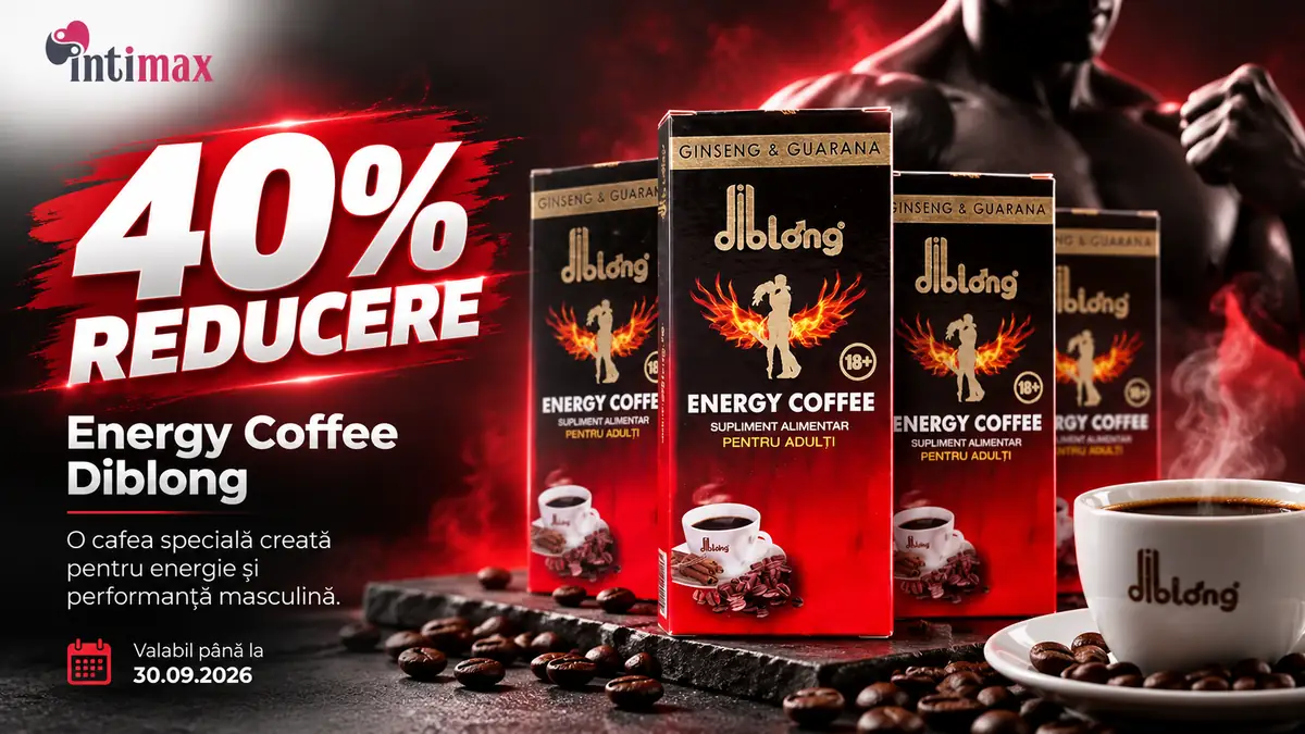 Reducere 40% la Energy Coffee Diblong, cu cutii de cafea, ceașcă aburindă, boabe și logo Intimax.