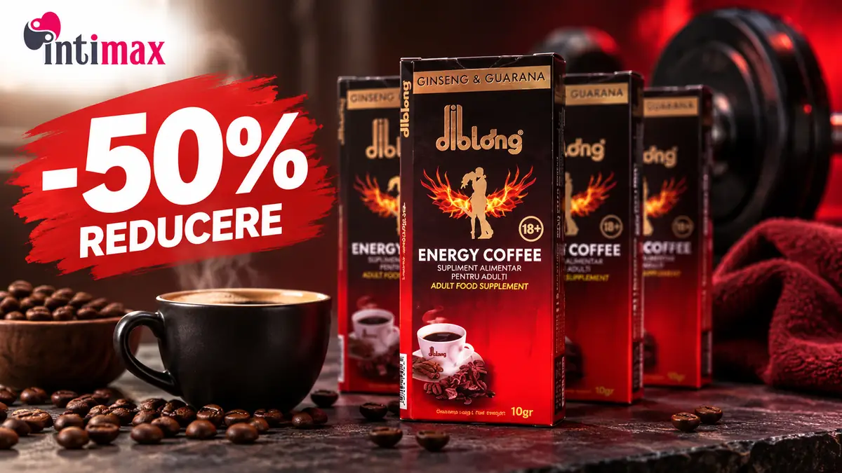Cutii Diblong Energy Coffee, ceașcă de cafea și boabe, cu logo Intimax și mesaj -50% reducere pe fundal de sală.