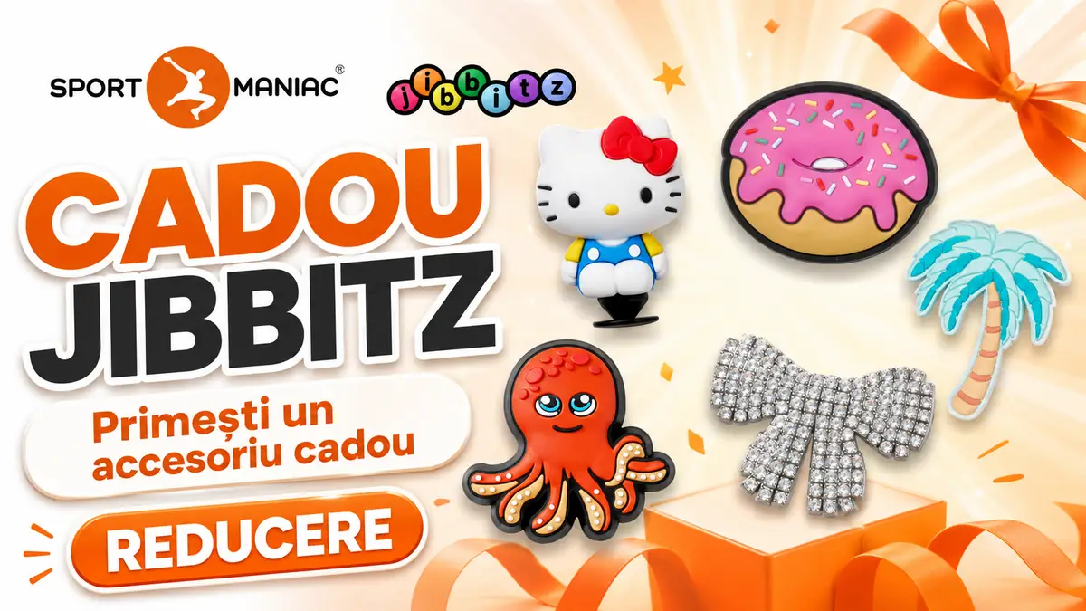 Banner Sportmaniac cu accesorii Jibbitz colorate și mesajul „Cadou Jibbitz”.
