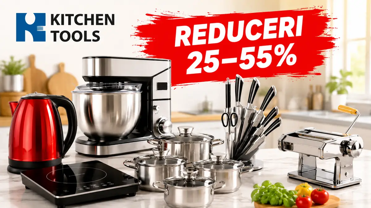 Produse Kitchen Tools pentru bucătărie, cu electrocasnice și vase din inox, promovate cu reduceri de 25–55%.