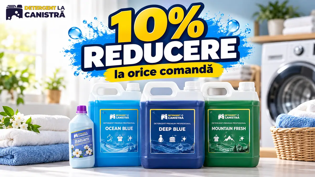 Reducere 10% la orice comandă La Canistra, cu trei canistre de detergent și un balsam, într-o spălătorie luminoasă.